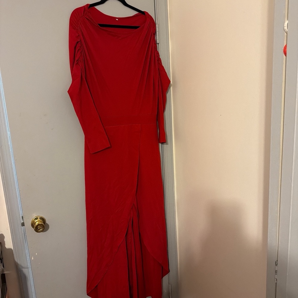 Others Follow Red Long-Sleeve Wrap-Front Jumpsuit